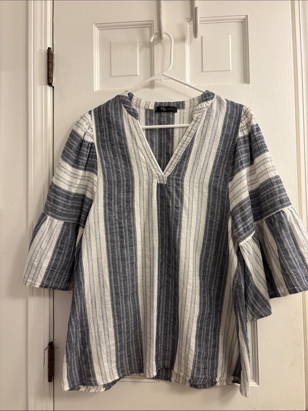 Striped V-Neck Bell Sleeve Tunic - Blue & White